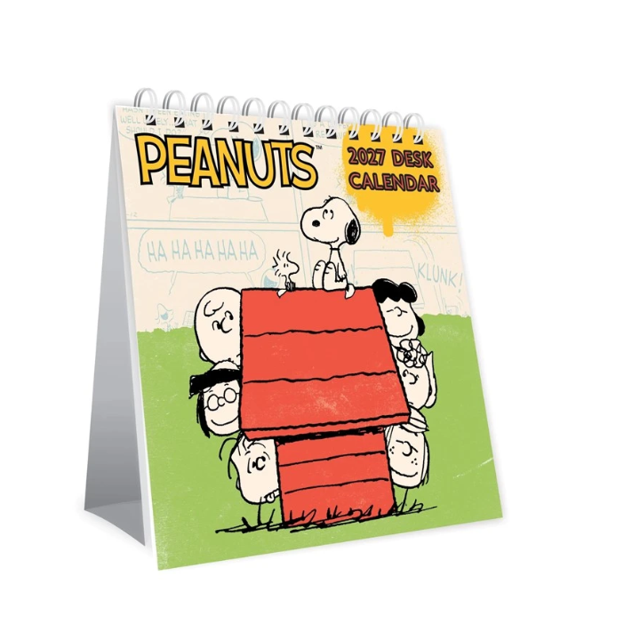 Peanuts 2027 desk calendar with cartoon characters on a white background