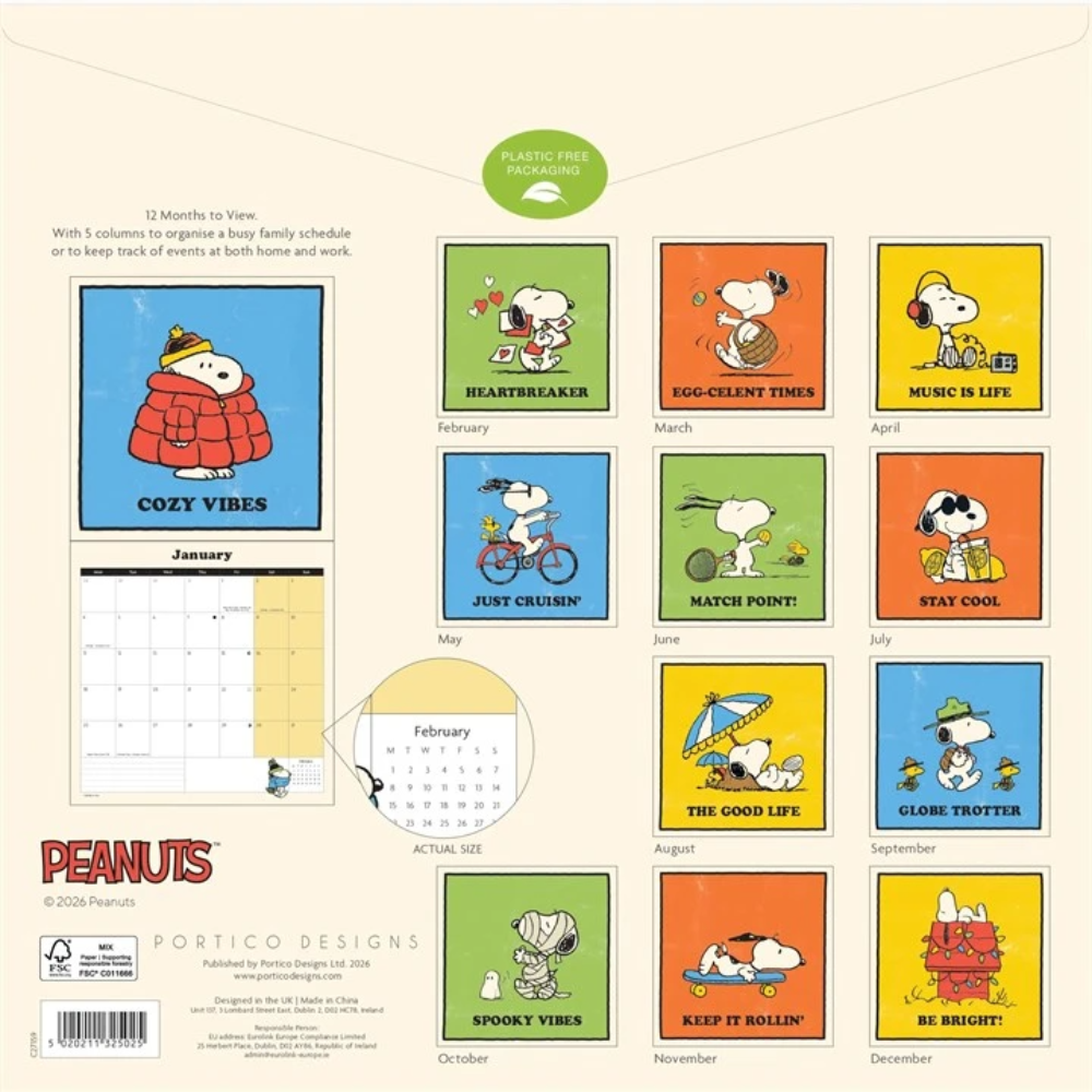 Peanuts Cozy Vibes 12-month desk calendar page set by Portico Designs, featuring 12 colorful monthly calendar inserts with Snoopy and Woodstock illustrations on a light beige background.
