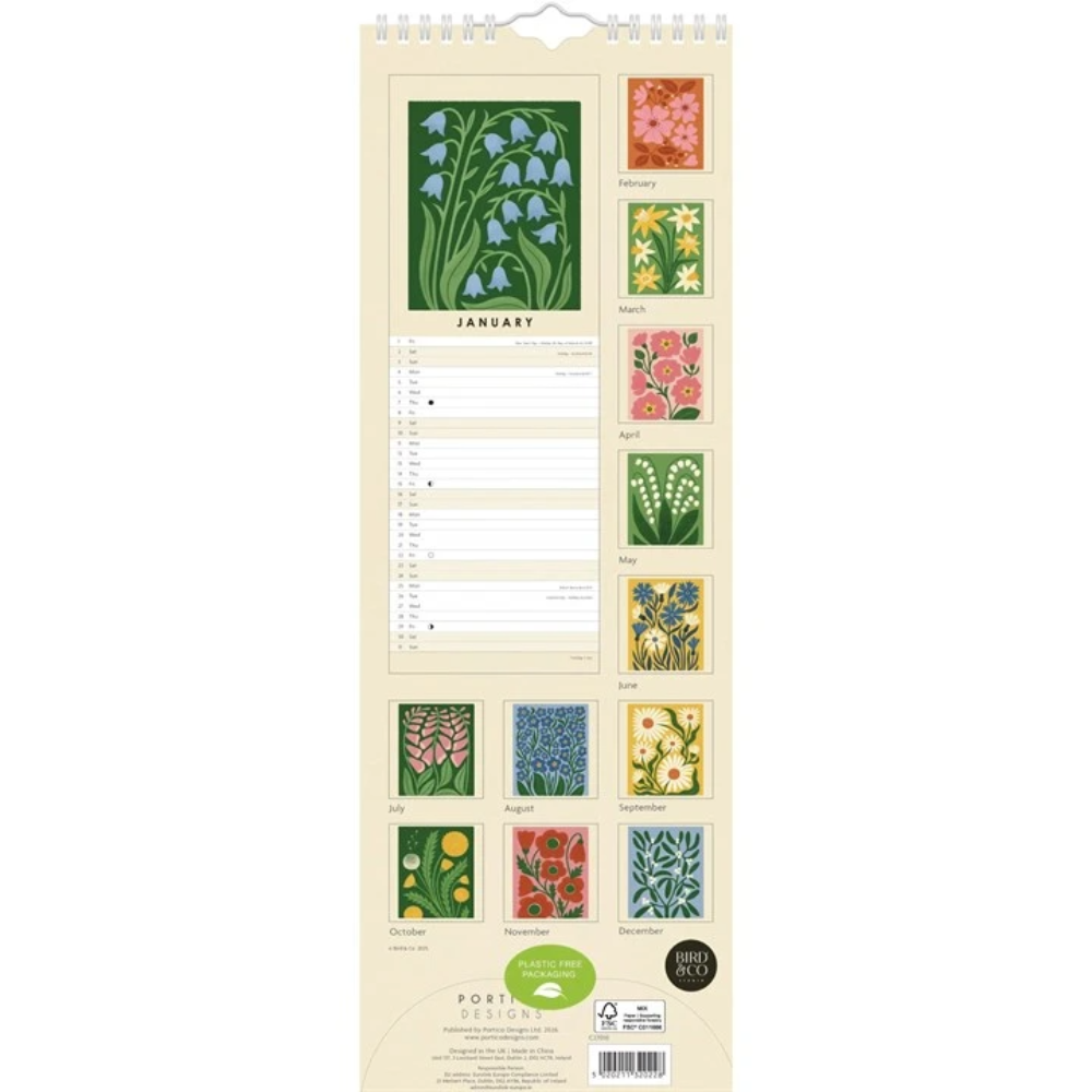 Portico Designs 2027 Slim Wall Calendar Bird & Co Studio Wild Flowers