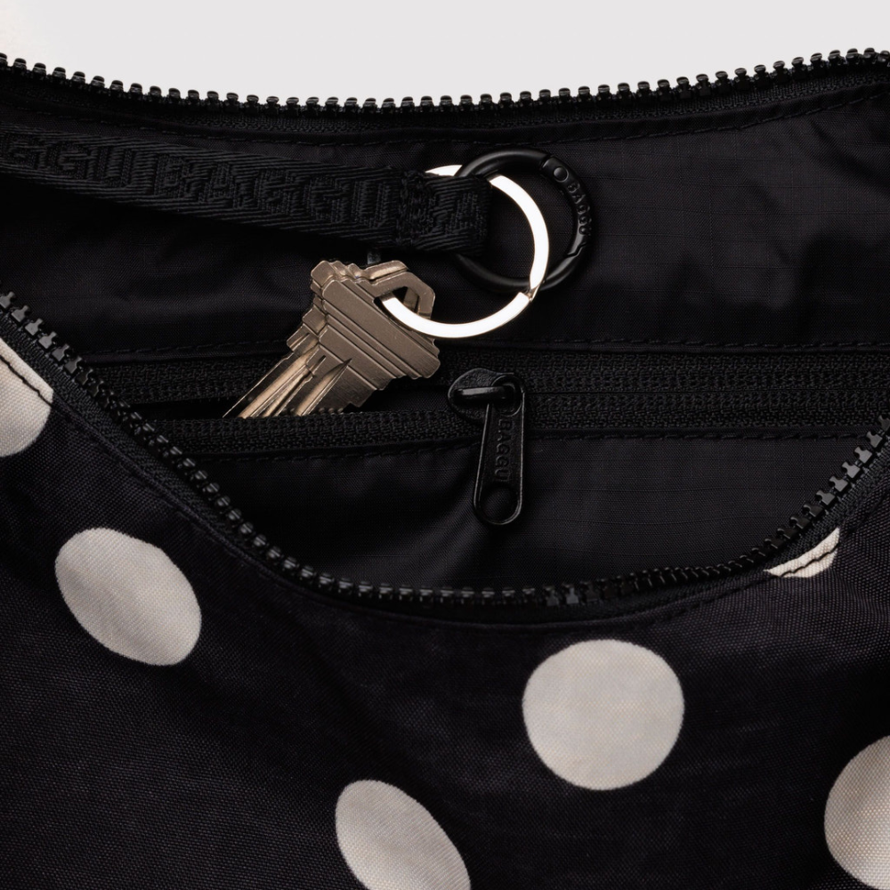 Baggu Medium Nylon Crescent Bag Black and Cream Polka Dot