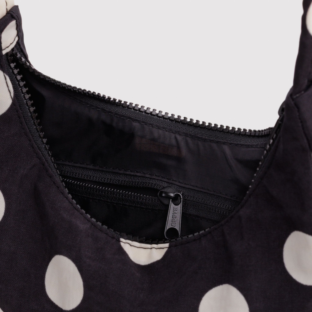 Baggu Mini Nylon Shoulder Bag Black and Cream Polka Dot