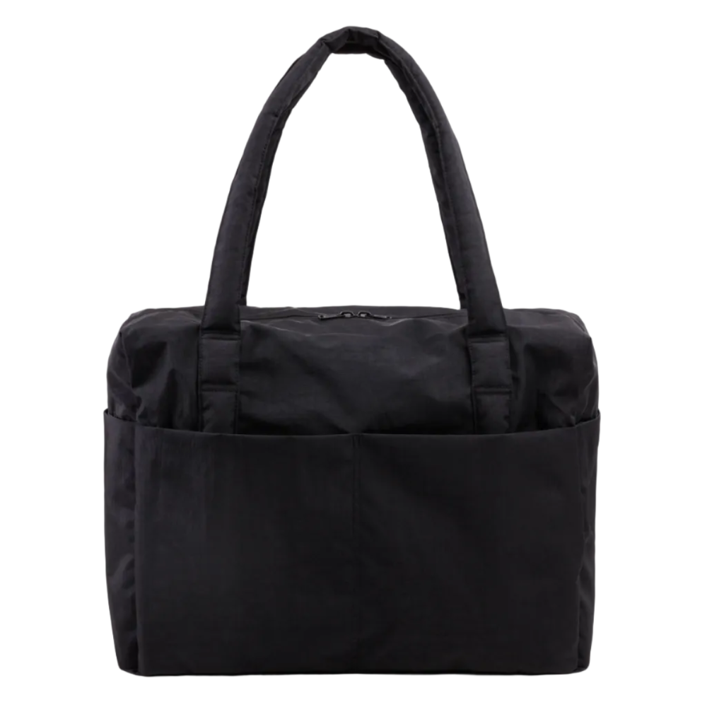 Black tote bag on a light gray background
