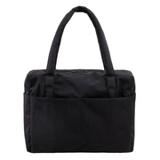 Black tote bag on a light gray background