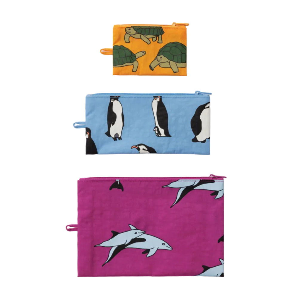 Baggu Three fabric pouches with animal patterns on a white background
