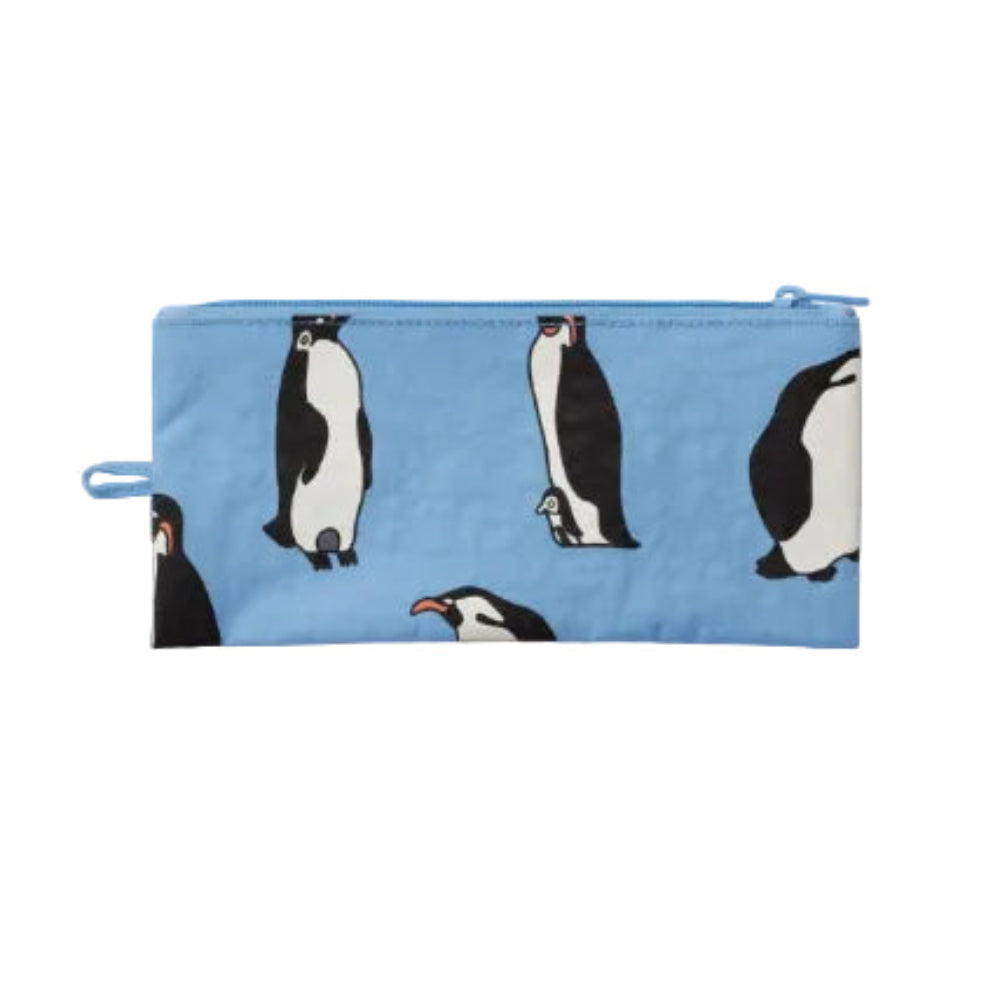 Baggu Pencil case with penguin pattern on blue 