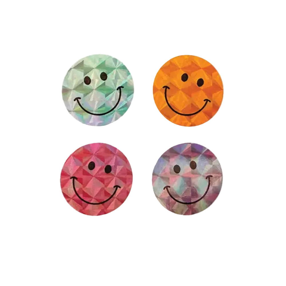 Pack of smiley face stickers with colorful geometric patterns on a white background