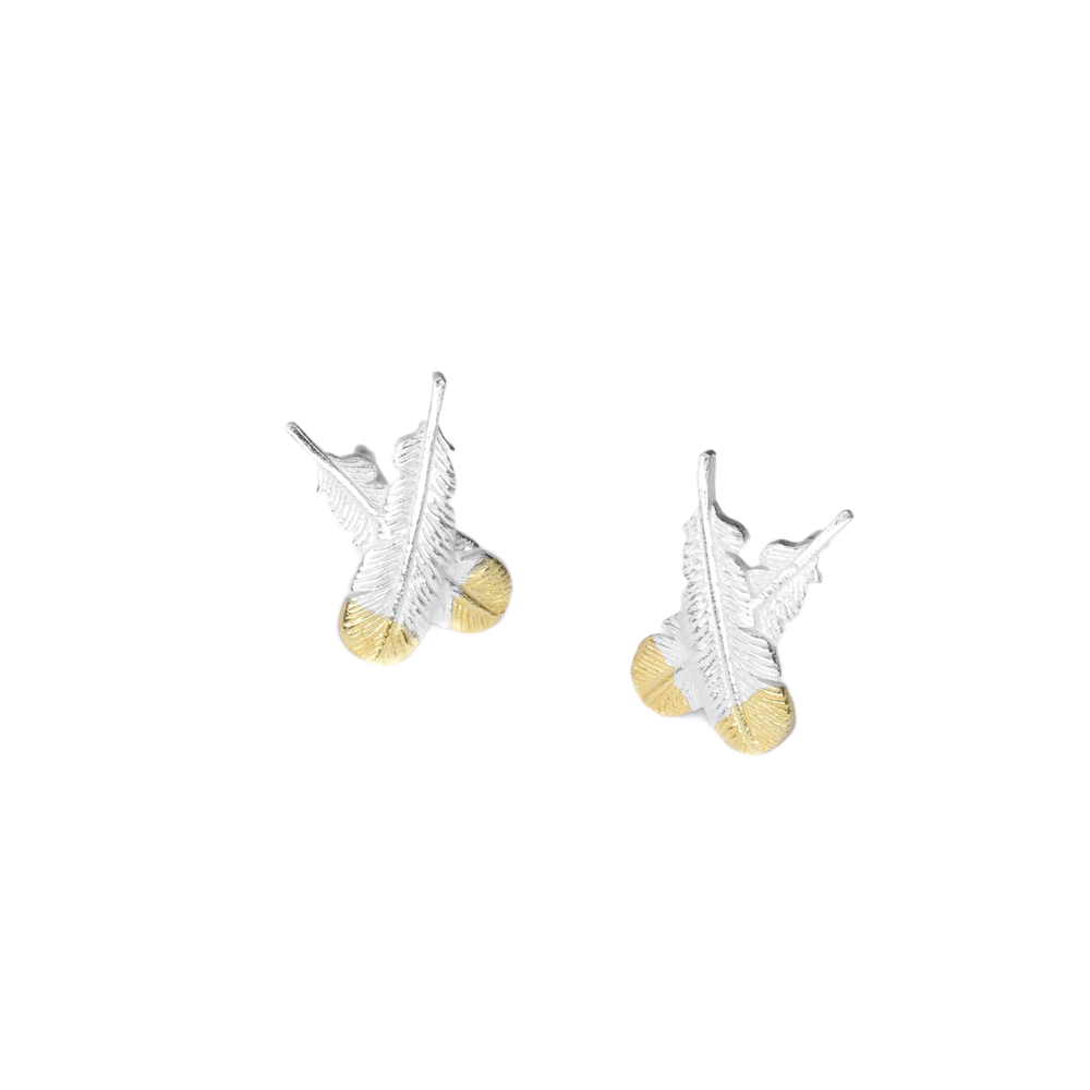 Little Taonga Studs Huia Feather Silver with Gold