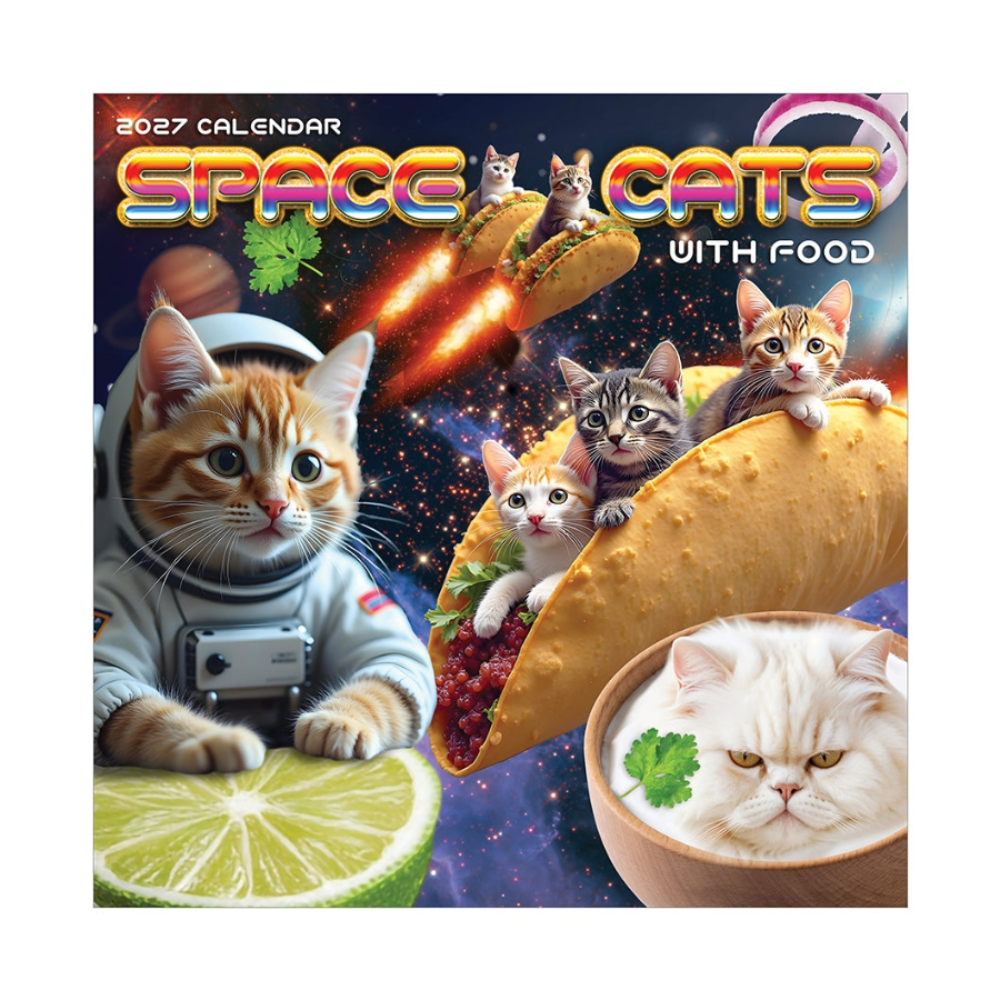 Space Cats with Food 2027 calendar cover featuring cats in space-themed outfits and food items.