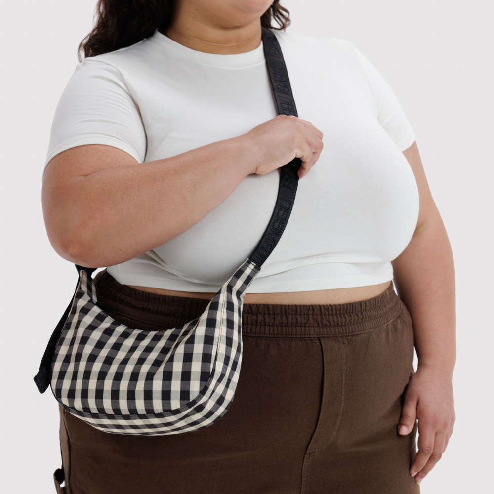Baggu Small Nylon Crescent Bag  Black and Cream Gingham