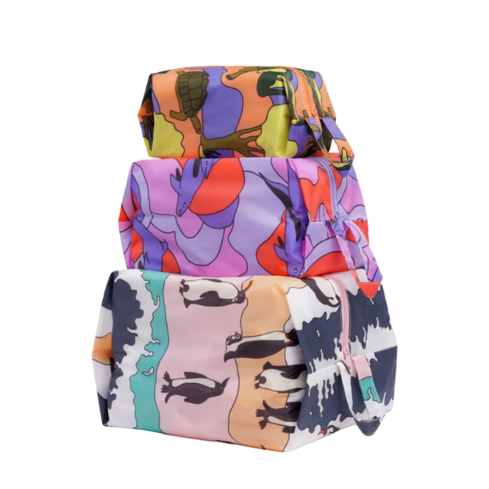 Baggu Travel Pouches  colorful patterned bags stacked