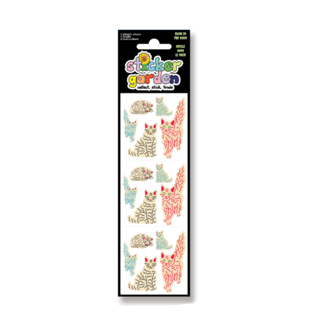 Sticker Garden collect cat stickers shown in their black header card packaging on the left, and several individual cat-shaped stickers displayed on the right against a white background.