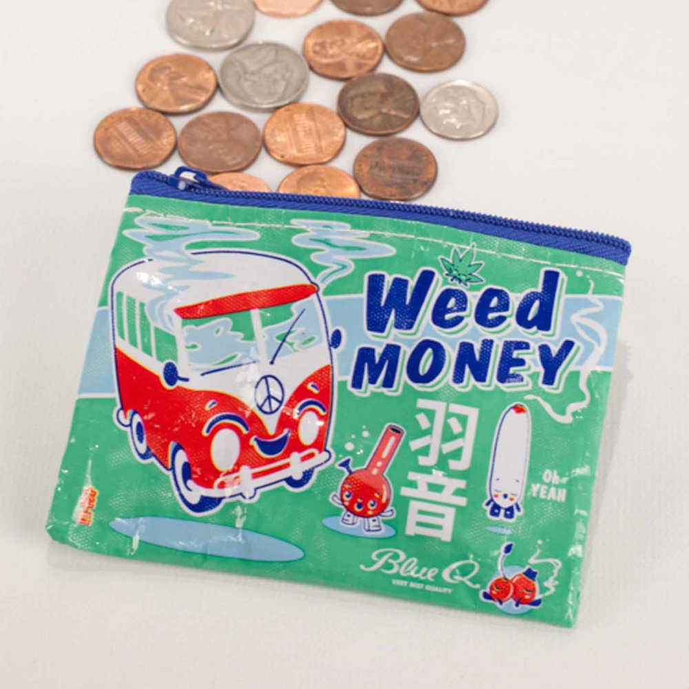Green coin purse with 'Weed Money' text and cartoon designs on a white background
