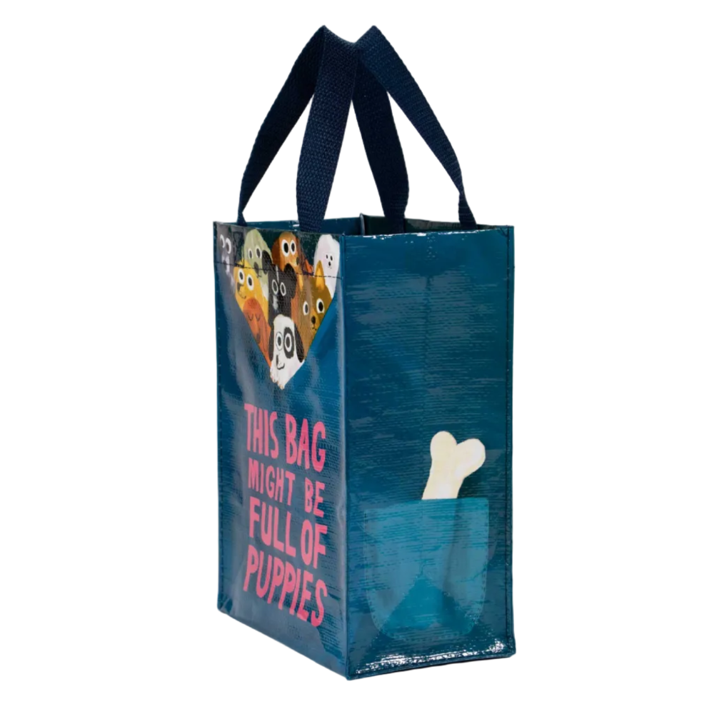Blue tote bag with cartoon puppies and text on a white background