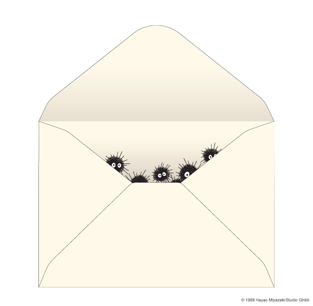 Envelope with cartoon characters peeking out from the flap on a white background