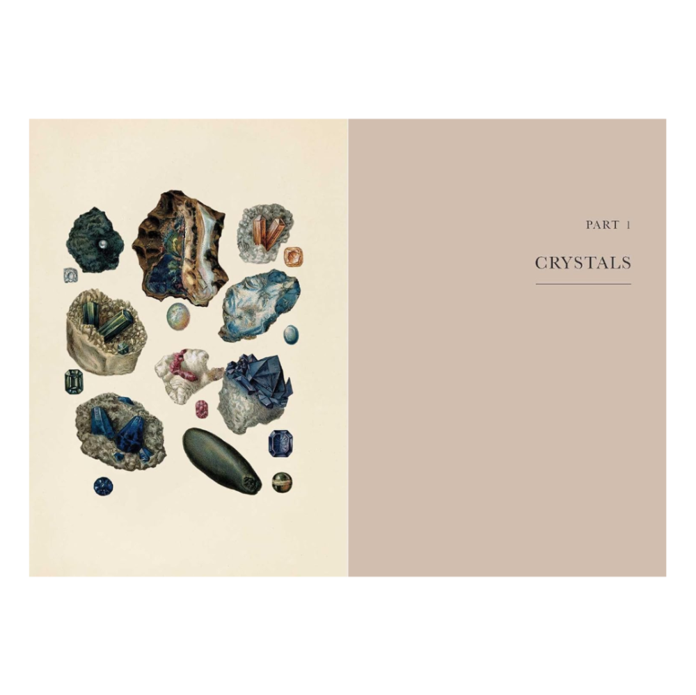 Illustration of various crystals on a beige background with 'Part 1 Crystals' text.