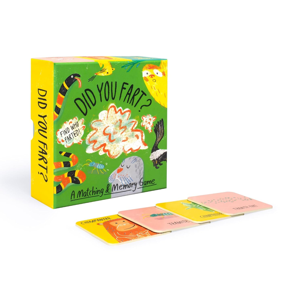 A matching and memory game box labeled 'DID YOU FART?' with several illustrated cards placed in front on a clean white background.