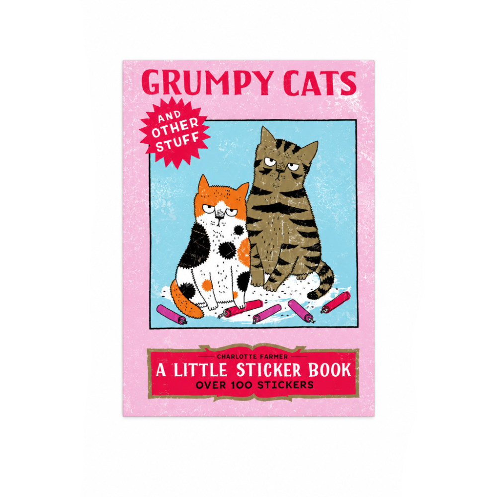 Sticker book cover with two grumpy cats and text on a pink background
