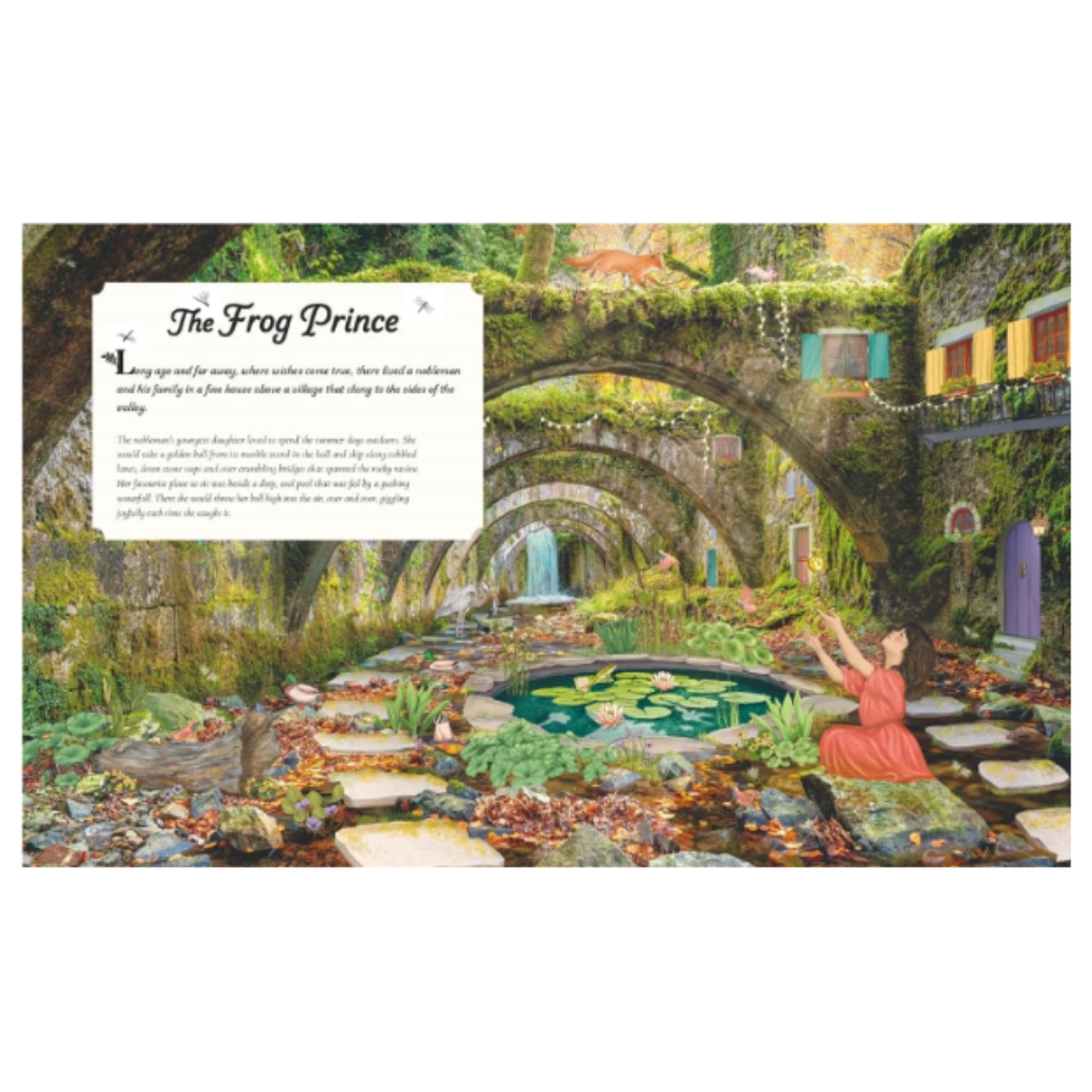Fantasy scene with a frog prince and castle, featuring text on a white background.