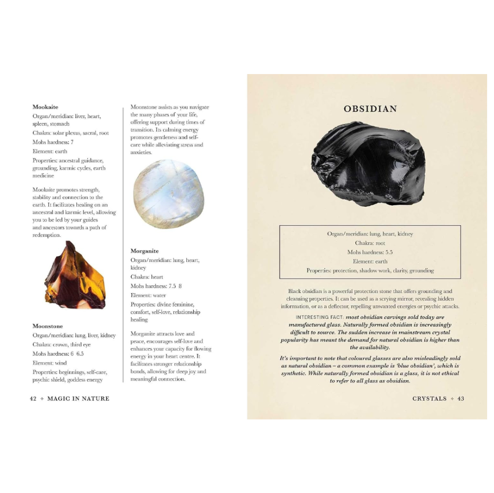 Page from a book or magazine featuring information on obsidian crystals with text and images.