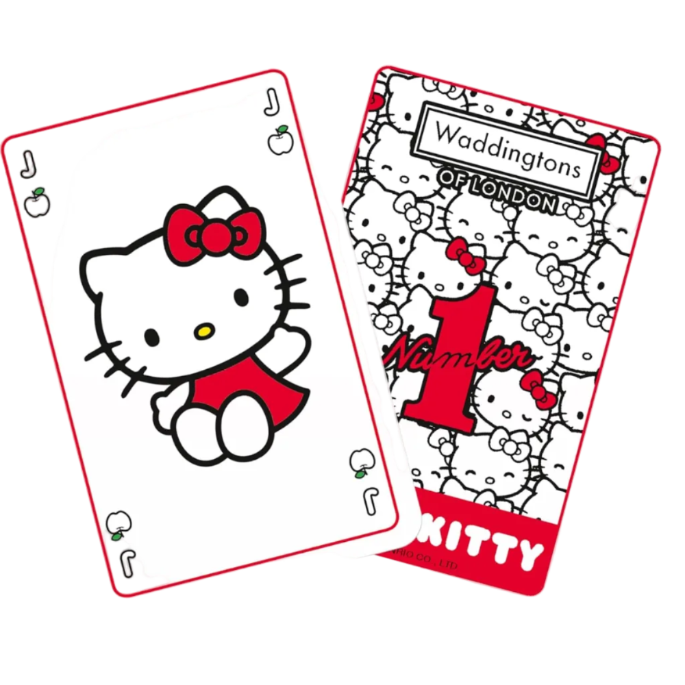 Hello Kitty playing cards shown overlapping on a white background, with the face card displaying Hello Kitty and the back card showing a black-and-white line pattern with red accents and the text 'Waddingtons of London' and 'Number 1 KITTY'.
