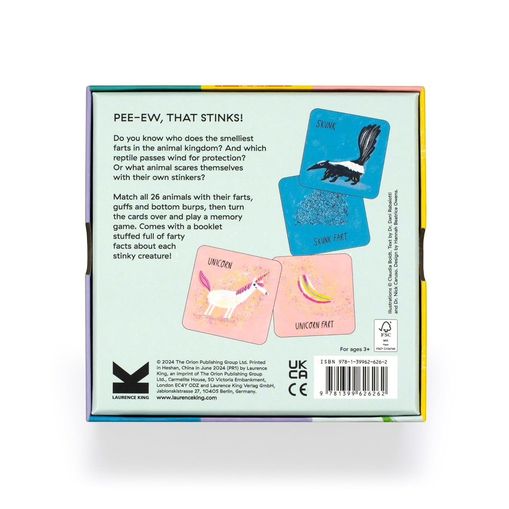 Back of the 'Pee-Ew, That Stinks!' board game box by Laurence King, showing the light blue back panel with colorful border accents, product text, sample animal cards, and a barcode.