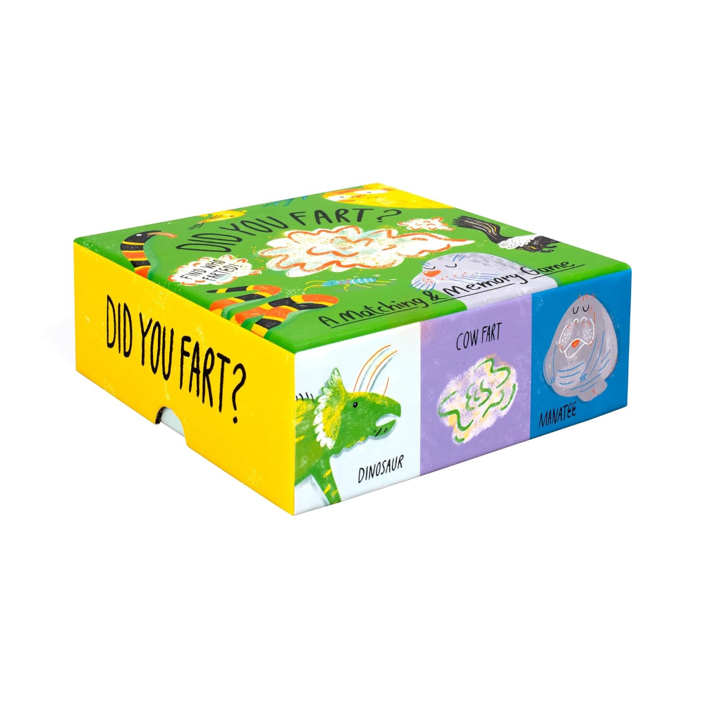 A colorful children's educational toy box titled 'DID YOU FART?' with illustrated panels showing dinosaur, cow fart, and whale farts on a white background.