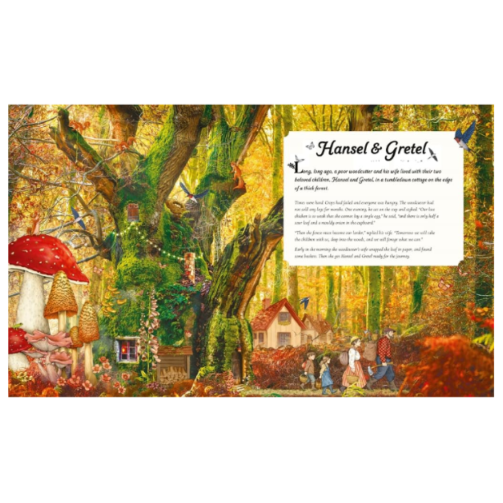 A square art print featuring a detailed fantasy illustration of the Hansel and Gretel forest cottage scene, with a white text box containing the story's text on the right side.