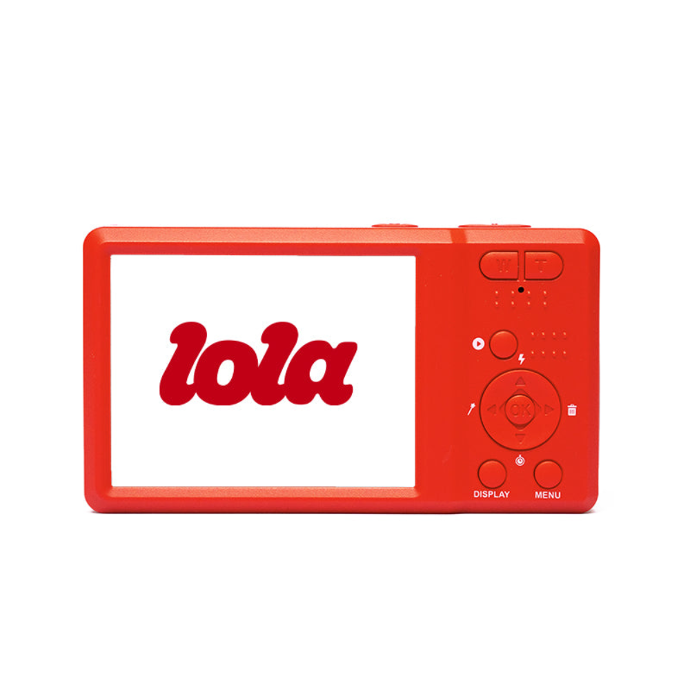 Red electronic device with 'lola' branding on a white background