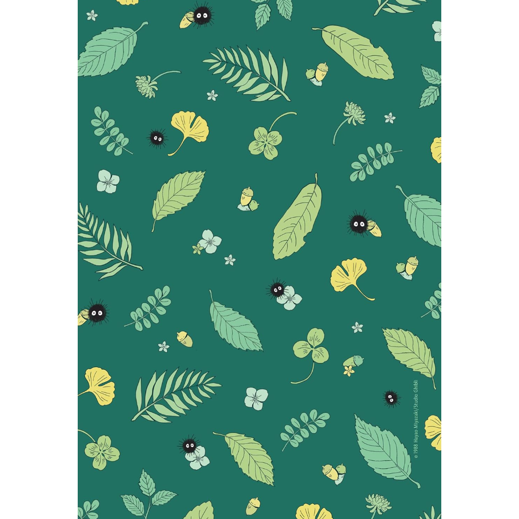 Pattern of green leaves and small flowers on a teal background