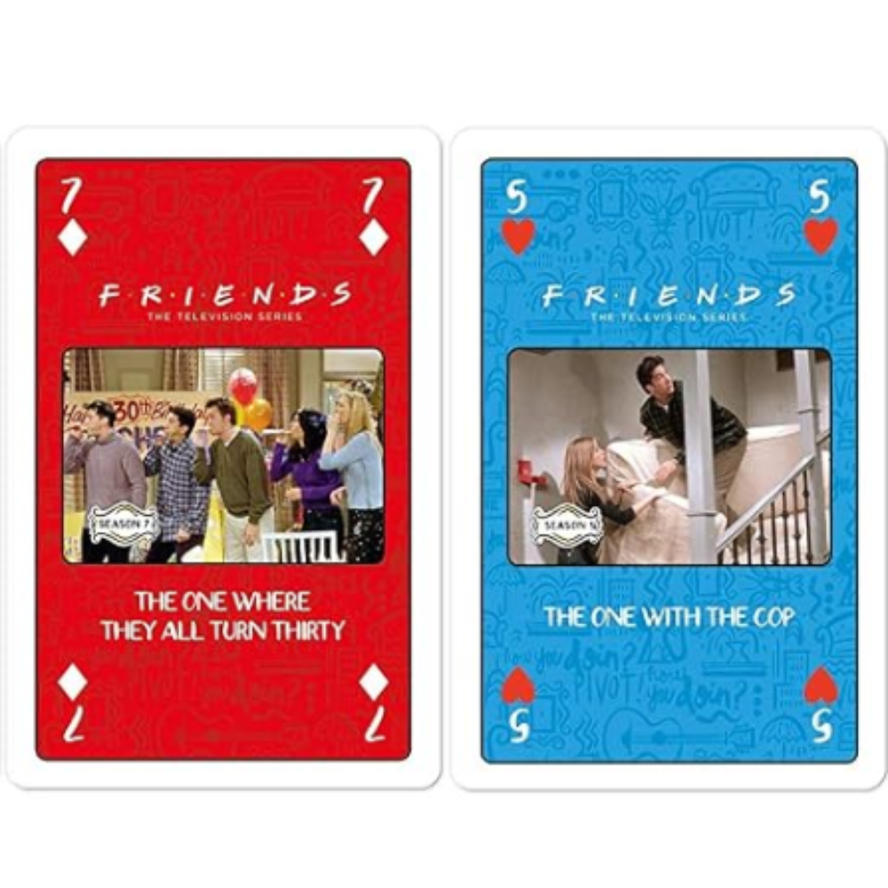Set of 'Friends' themed playing cards with colorful designs on a white background