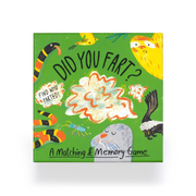The front cover of the children's matching and memory game 'DID YOU FART?' on a clean white background. The box features a bright green background with whimsical, hand-drawn illustrations of animals and a fart cloud in orange, white, and black.