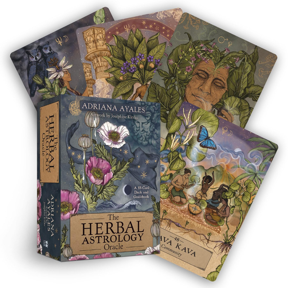 Three tarot cards from the Herbal Astrology Oracle deck by Adriana Ayales on a white background.