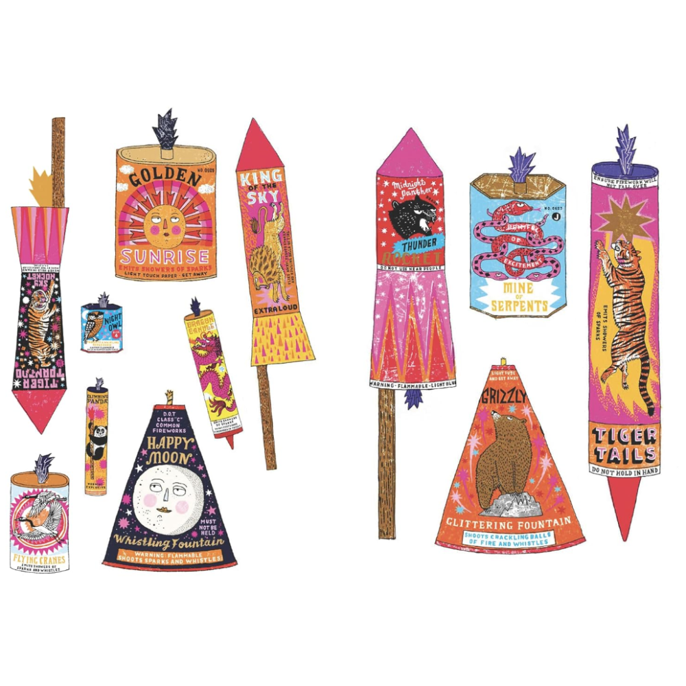 Colorful illustrations of various firework rockets with labels on a white background