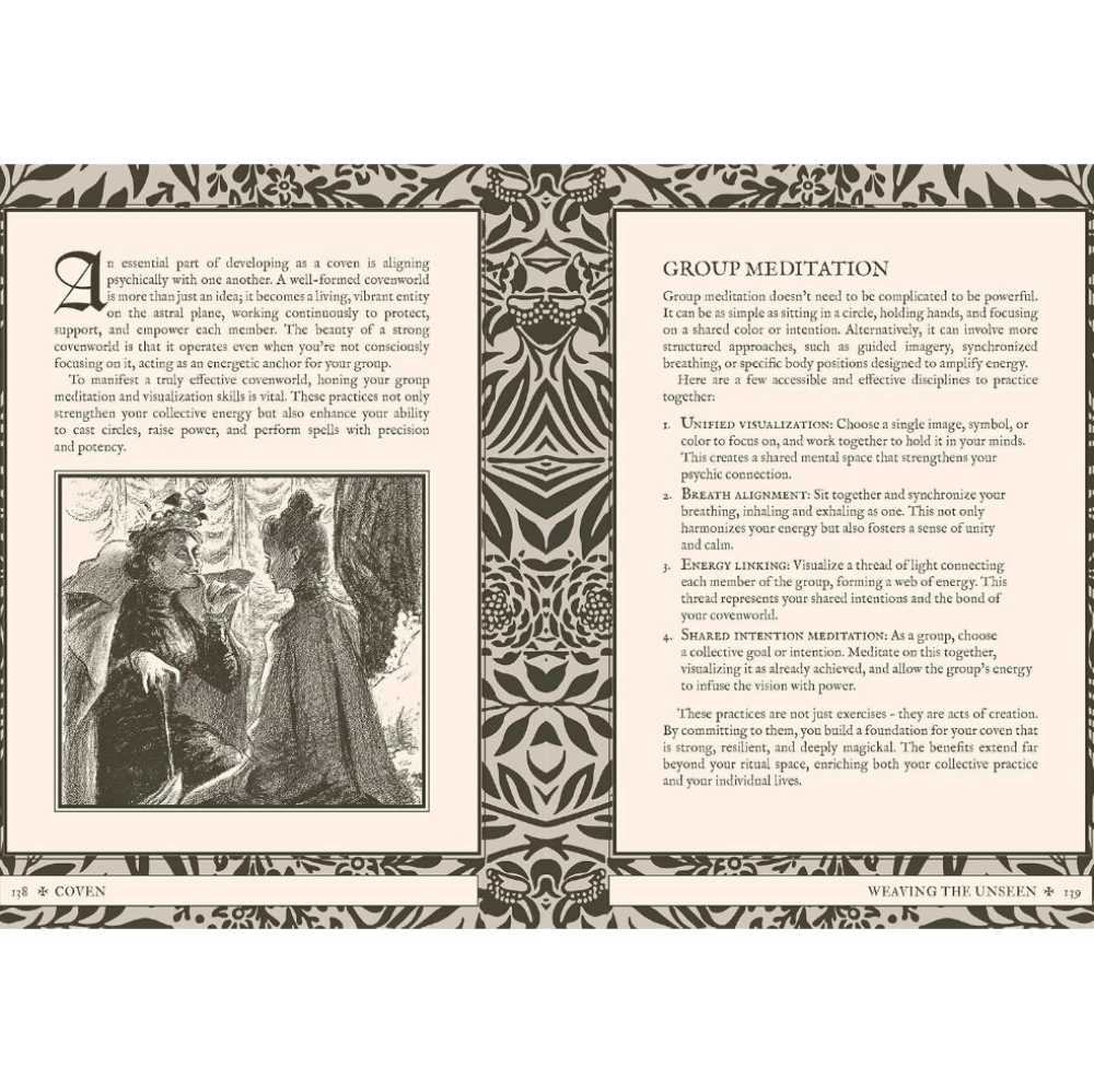 Page from a book with text and illustrations, featuring a couple and decorative patterns.
