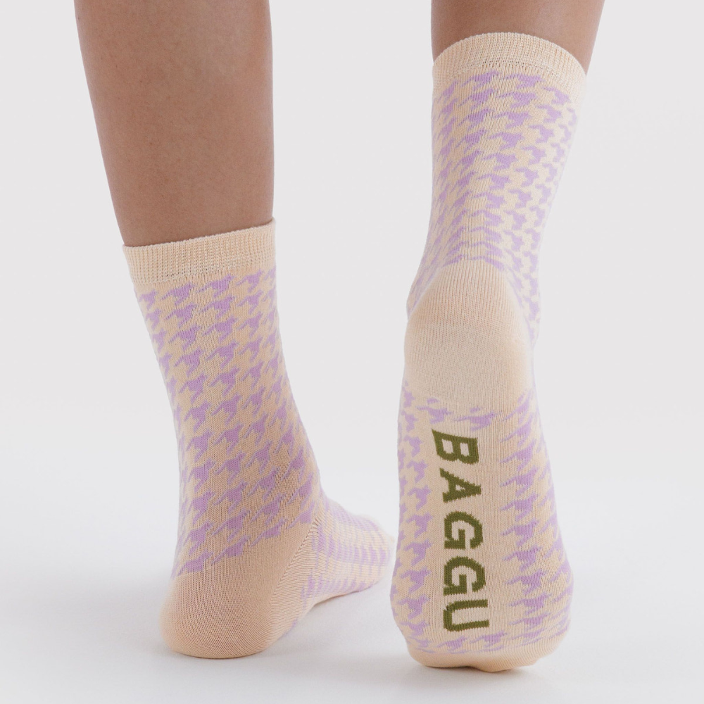 Baggu Crew Socks Pink Houndstooth