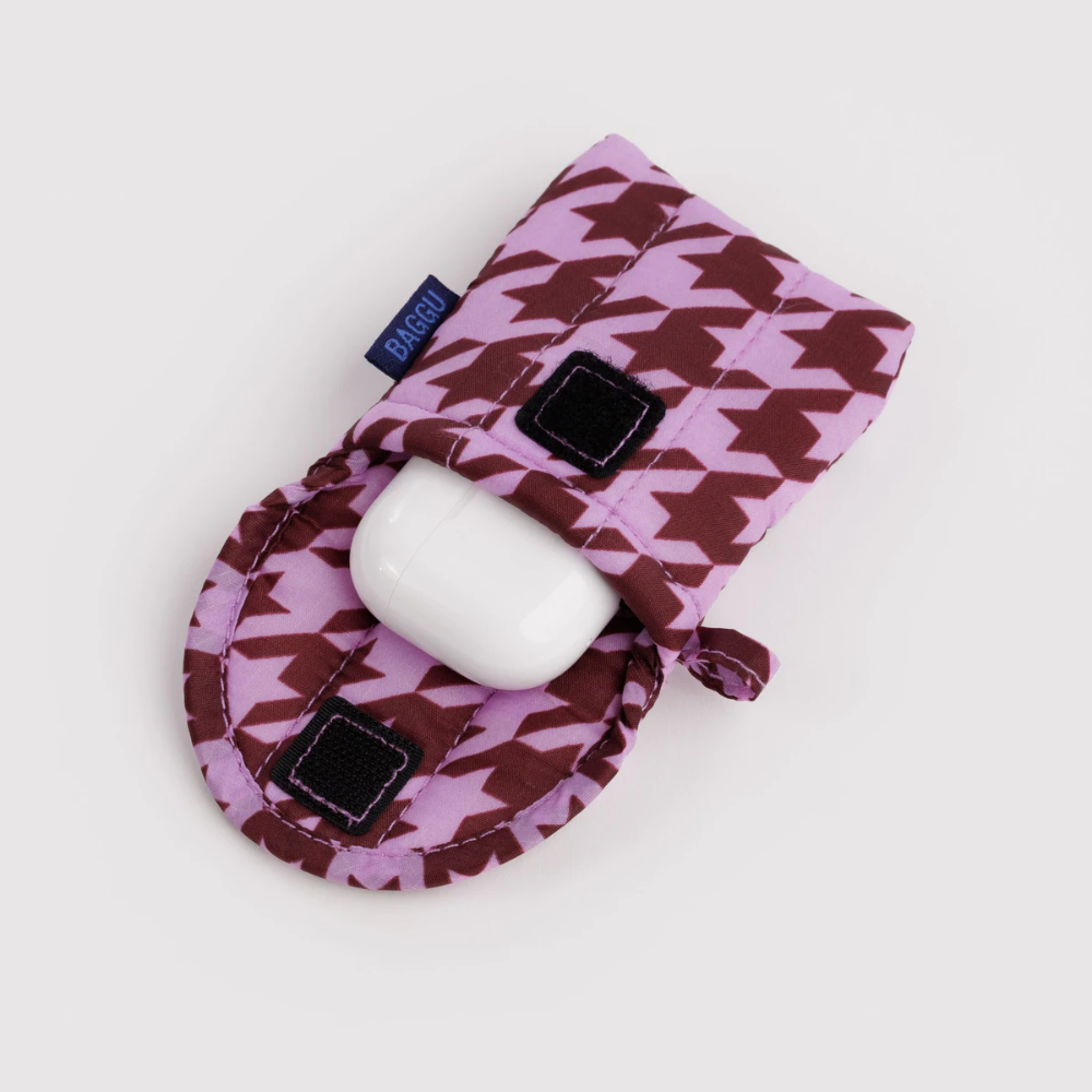 Puffy Earbuds Case Pink Houndstooth