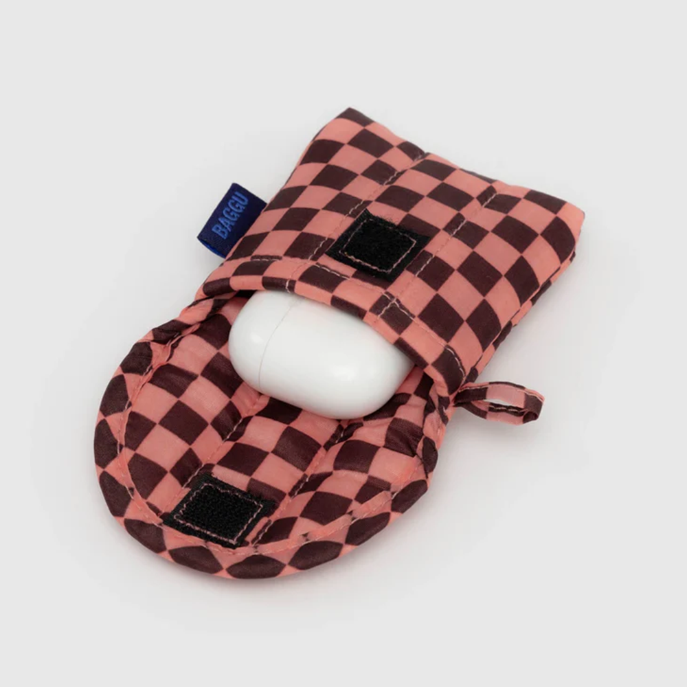 Baggu Puffy Earbuds Case Pink Brown Check