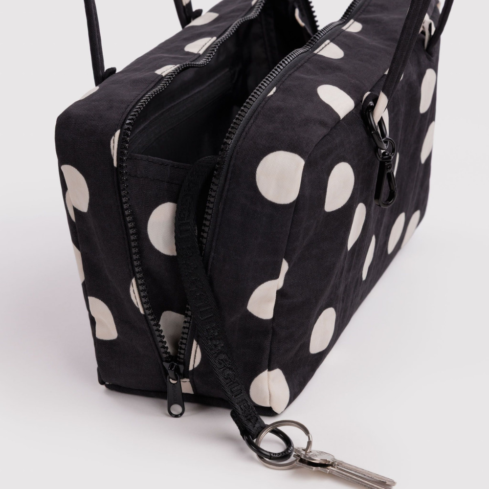 Baggu Nylon Bowler Bag Black and Cream Polka Dot