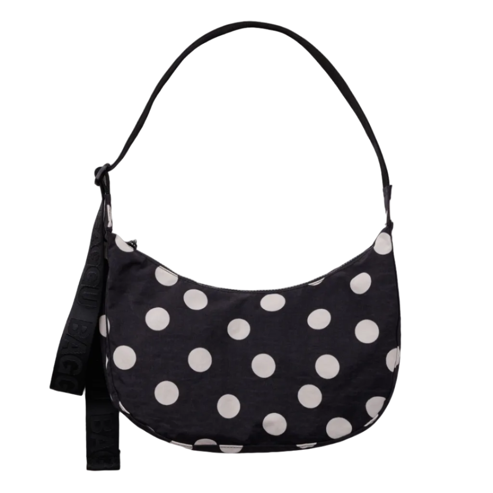 Baggu Medium Nylon Crescent Bag Black and Cream Polka Dot