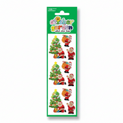 Sticker Garden collect sticker set featuring Christmas trees and Santa Claus figures, shown both on the green blister card packaging and as four individual die-cut stickers on a white background.