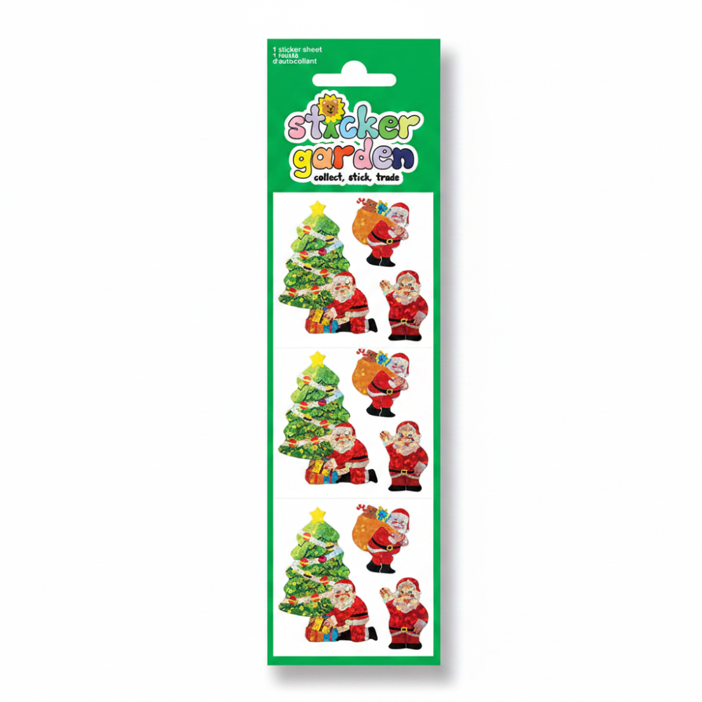 Sticker Garden collect sticker set featuring Christmas trees and Santa Claus figures, shown both on the green blister card packaging and as four individual die-cut stickers on a white background.