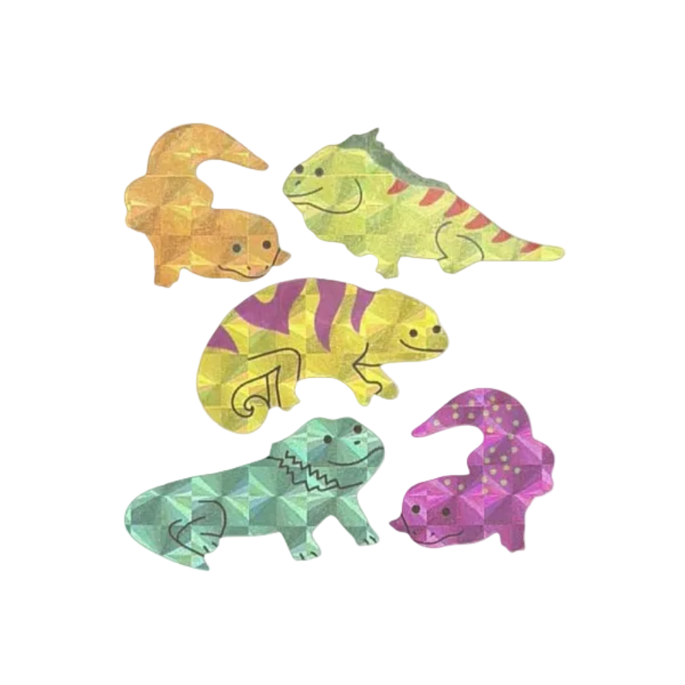 Five colorful lizard-shaped items with a geometric, faceted texture on a plain white background. The lizards are in different colors: orange, yellow-green, yellow-and-purple, mint green, and magenta-pink.