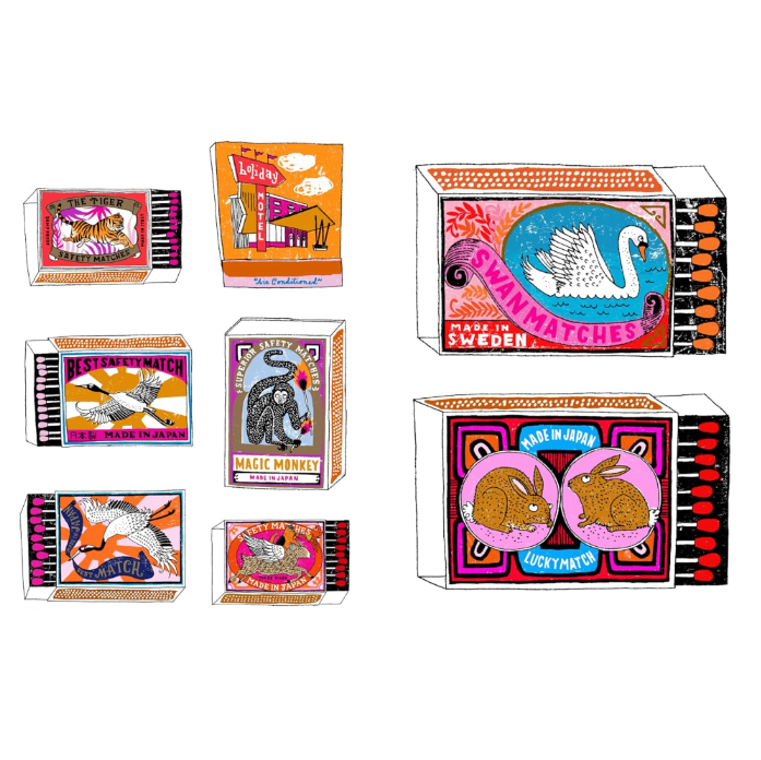 Collection of colorful matchboxes with various designs on a white background