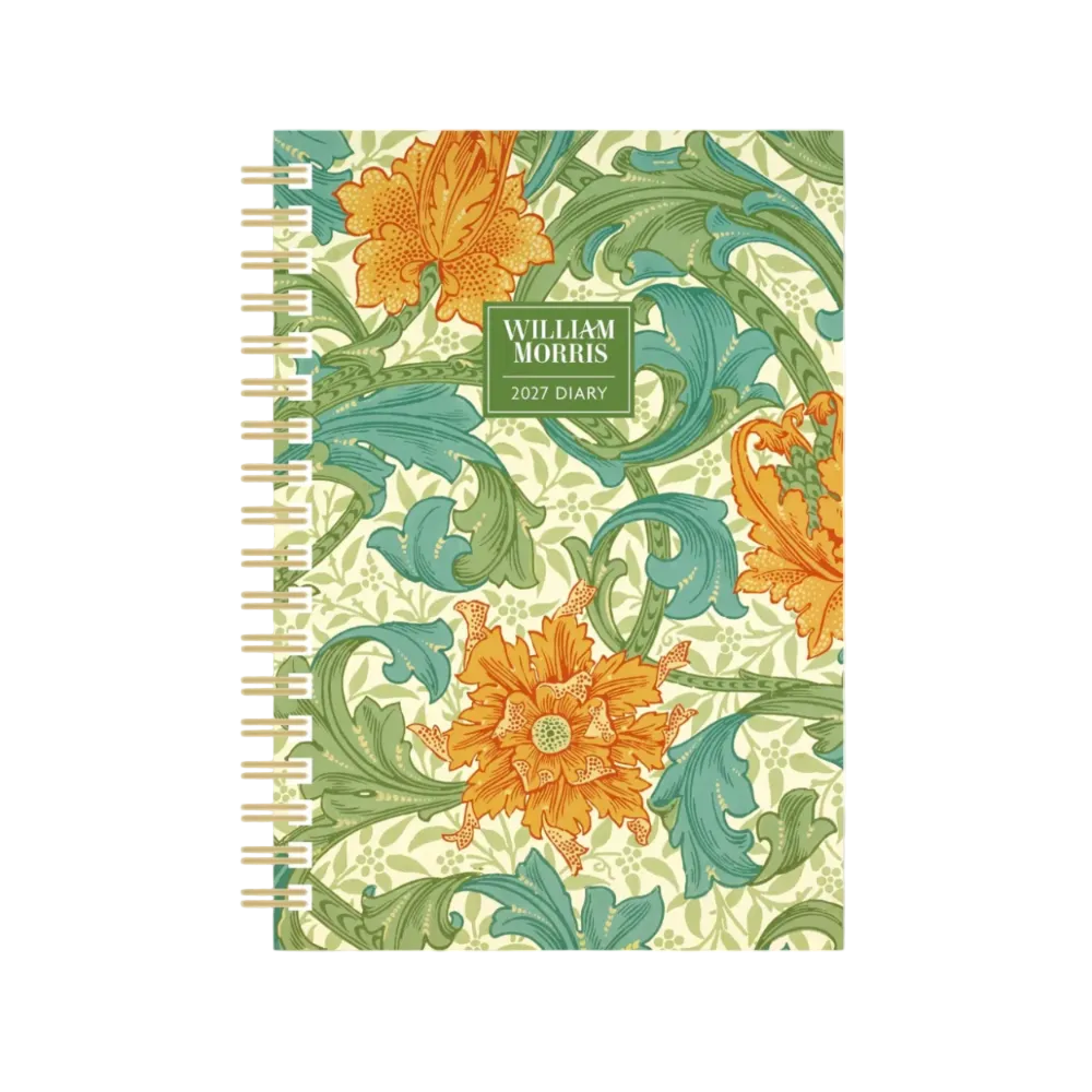 William Morris 2027 Diary with a William Morris style floral and scroll pattern in green, teal, and orange on a cream background, bound with white spiral wire on the left.