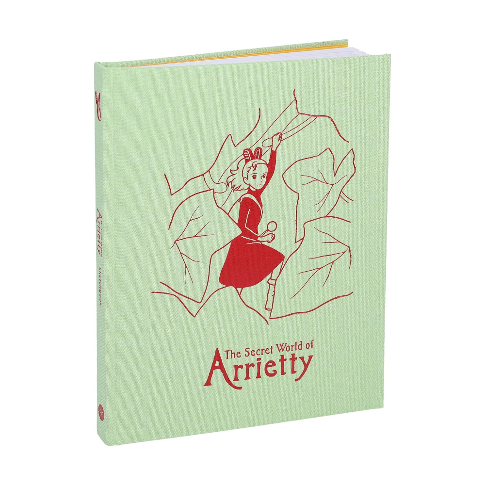 The Secret World of Arrietty hardcover book with a light green textured cover and red illustration of a small girl climbing, shown standing upright on a white background.