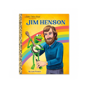 Children's biography book cover titled 'Jim Henson' with a colorful illustration of Jim Henson holding a banjo and Kermit the Frog holding a bow and arrow. The cover has a yellow background with rainbow stripes and the text 'a Little Golden Book Biography' at the top and 'By Luke Flowers' at the bottom.