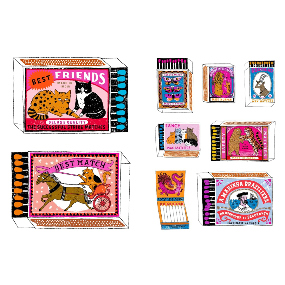 Collection of vintage-style matchboxes with illustrations and text on a white background