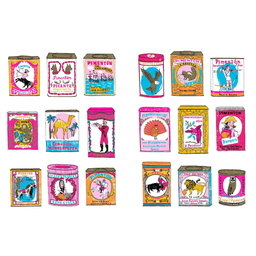 Collection of colorful vintage-style product packaging on a white background