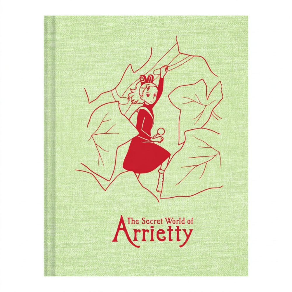 The front cover of the book 'The Secret World of Arrietty' featuring a textured light green linen-like background with a red line-art illustration of a girl in a red dress climbing among leafy vines, and the title in red at the bottom.