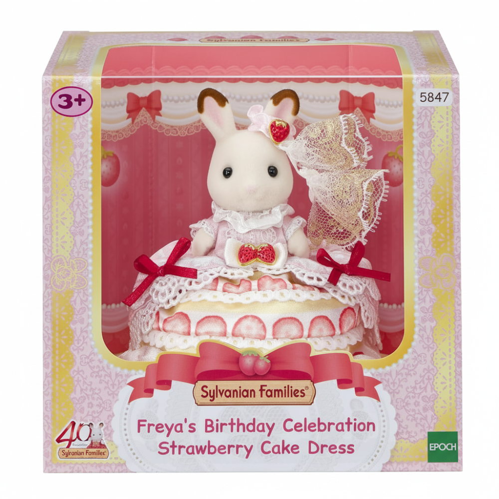 Sylvanian Families Freya's Birthday Celebration Strawberry Cake Dress toy in packaging
